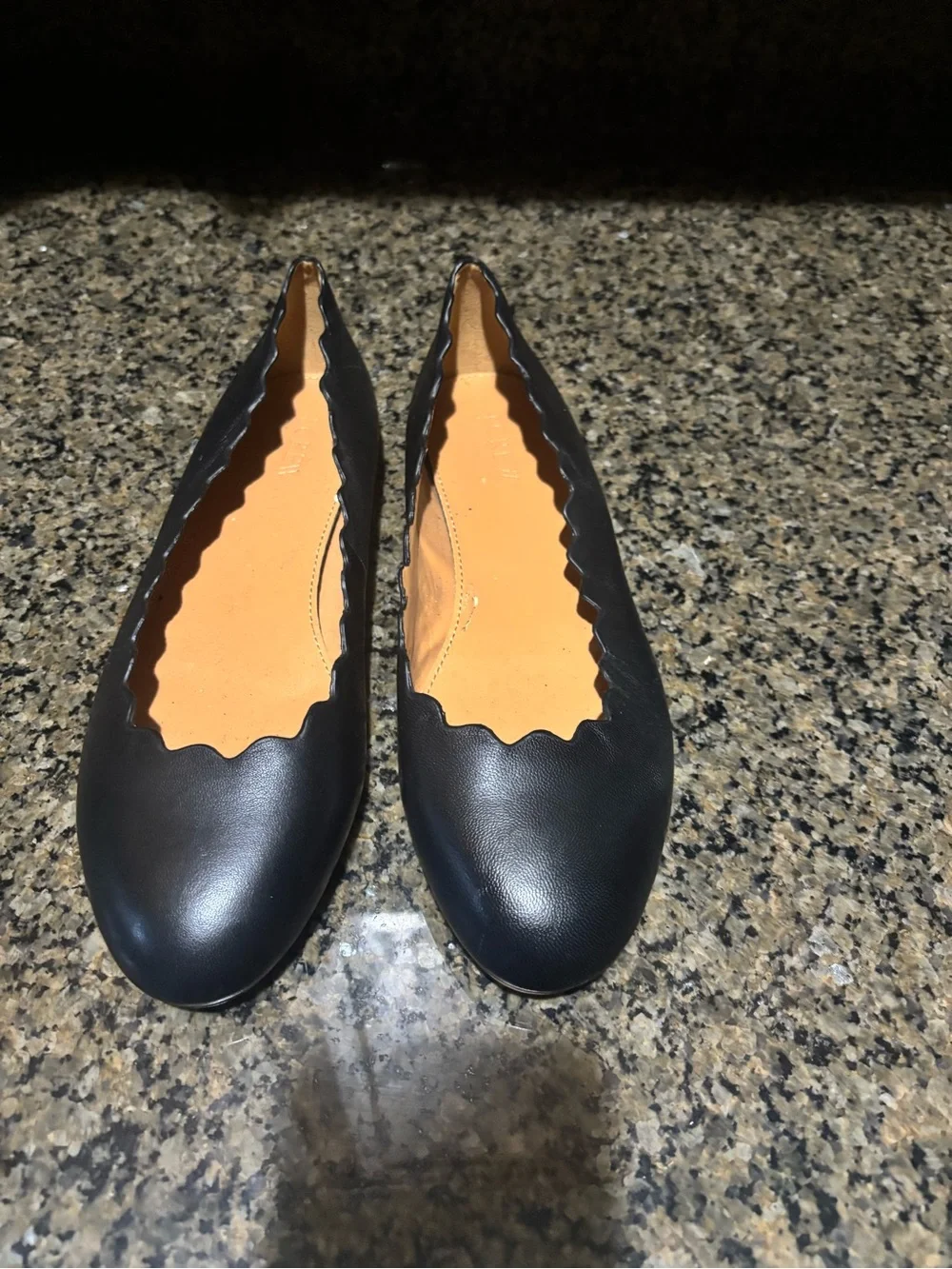 J. Crew Black Scalloped-Trim Leather Ballet Flats